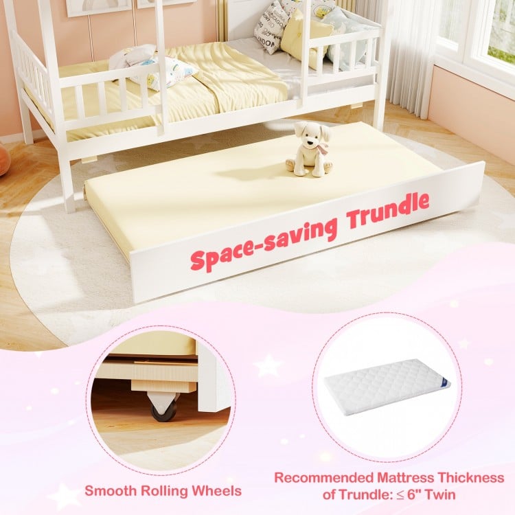 Twin Size House Bed with Trundle Kids Platform Bed with Roof Window-White