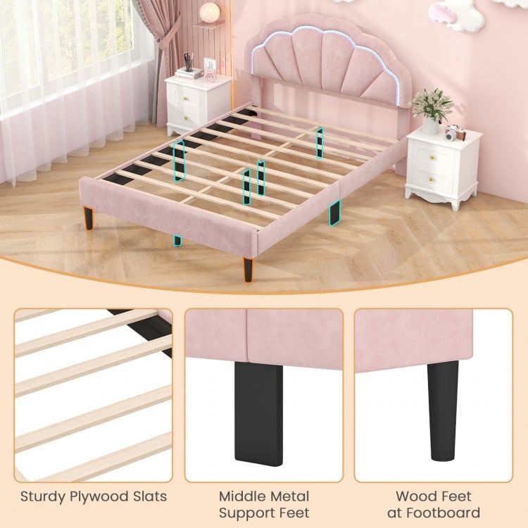 Upholstered LED Bed Frame with Adjustable Flower Headboard and Metal Support Feet-Full Size