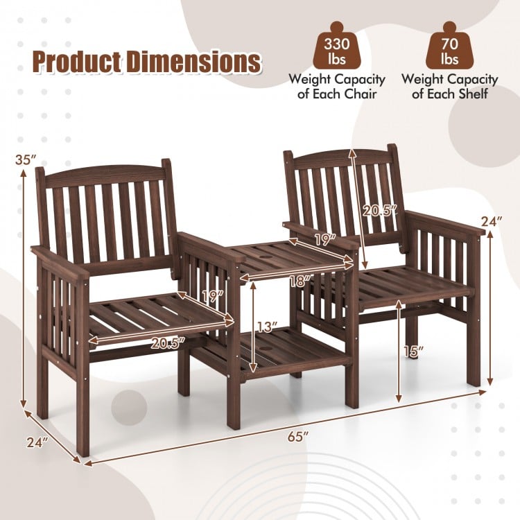 Outdoor Fir Wood Loveseat with 2-Tier Side Table and 1.96" Umbrella Hole-Coffee