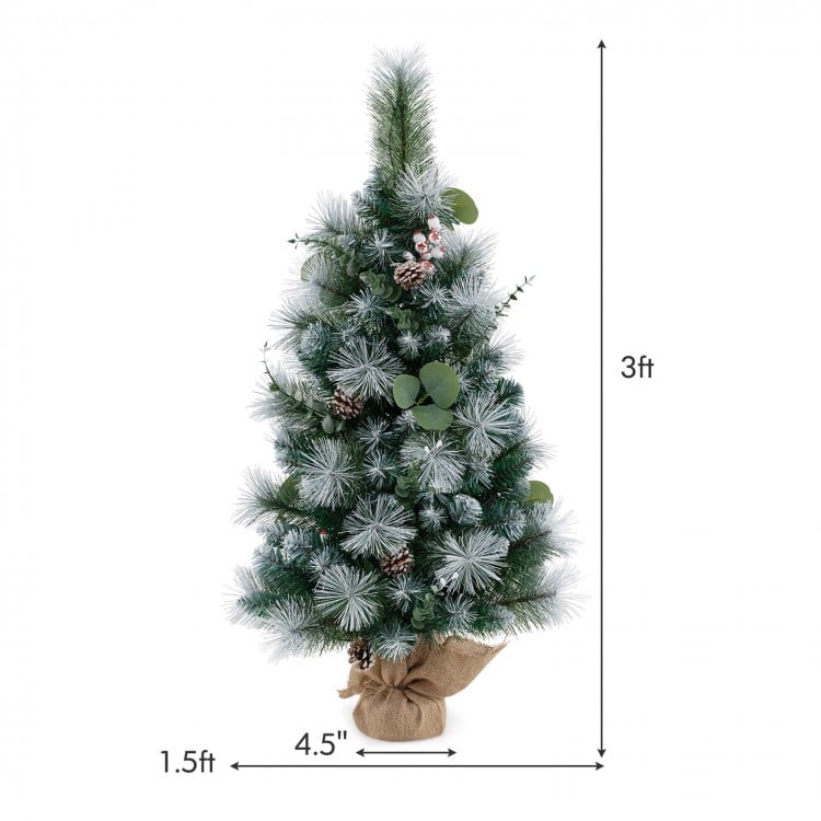3 FT Pre-Lit Artificial Mini Christmas Tree with 98 Flocked PVC and Pine Needles