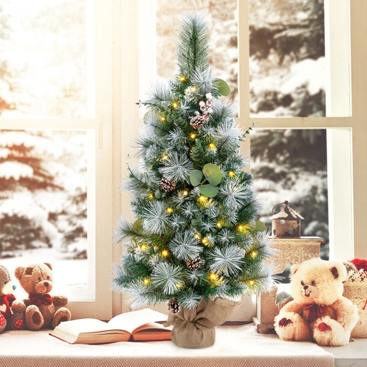 3 FT Pre-Lit Artificial Mini Christmas Tree with 98 Flocked PVC and Pine Needles