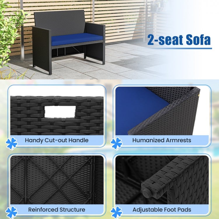 4 Piece Outdoor Dining Set with Wood Topped Dining Table  Rattan Loveseat Chair and 2 Ottomans-Navy