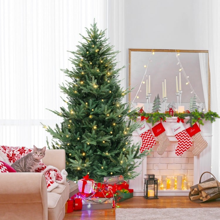 7 FT Pre-Lit Artificial Hinged Xmas Tree with 778/1480 PVC and PE Branch Tips
