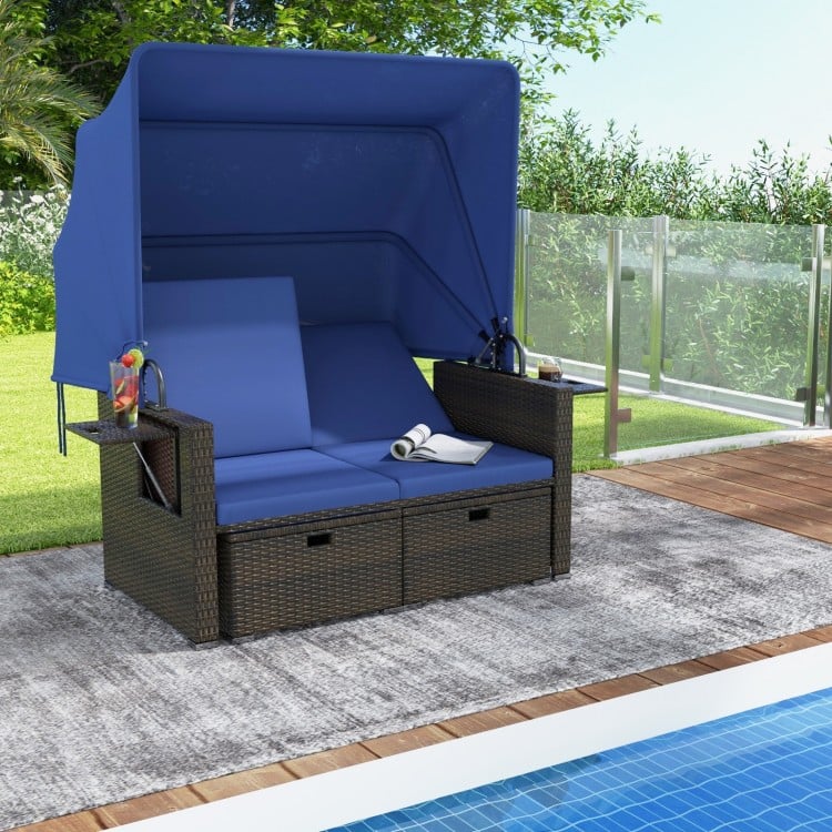 Outdoor Patio Rattan Daybed with Retractable Canopy and Adjustable Backrests-Navy