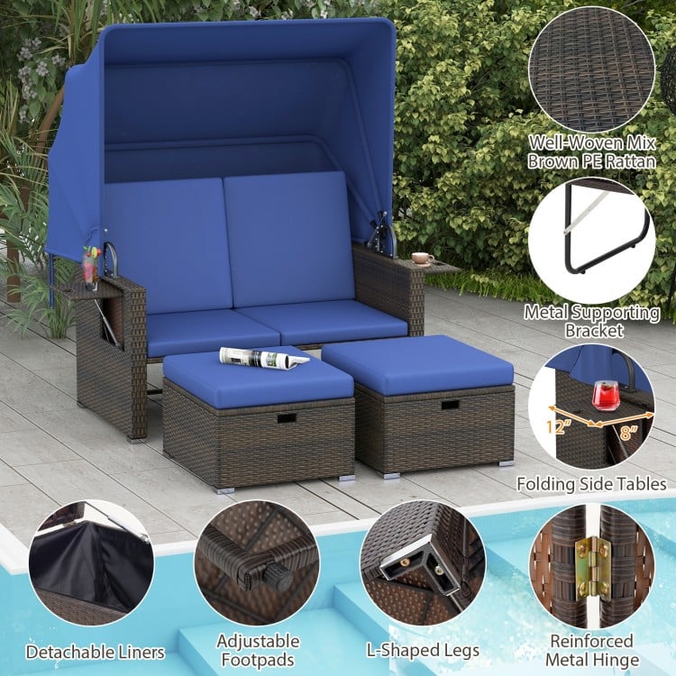 Outdoor Patio Rattan Daybed with Retractable Canopy and Adjustable Backrests-Navy