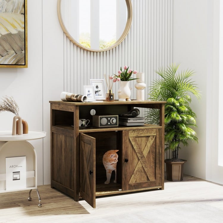 Cat Litter Box Enclosure with Double Barn Doors  Divider  Side Entry and Storage Shelf