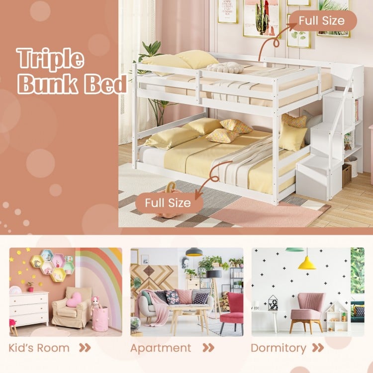 Solid Wood Full Over Full Low Bunk Bed with Storage Stairs-White