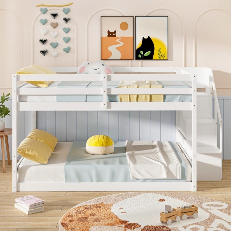 Solid Wood Full Over Full Low Bunk Bed with Storage Stairs-White