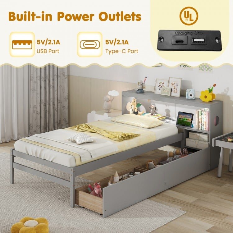 Twin Size Bed Frame with LED Light and Bookcase Headboard-Gray