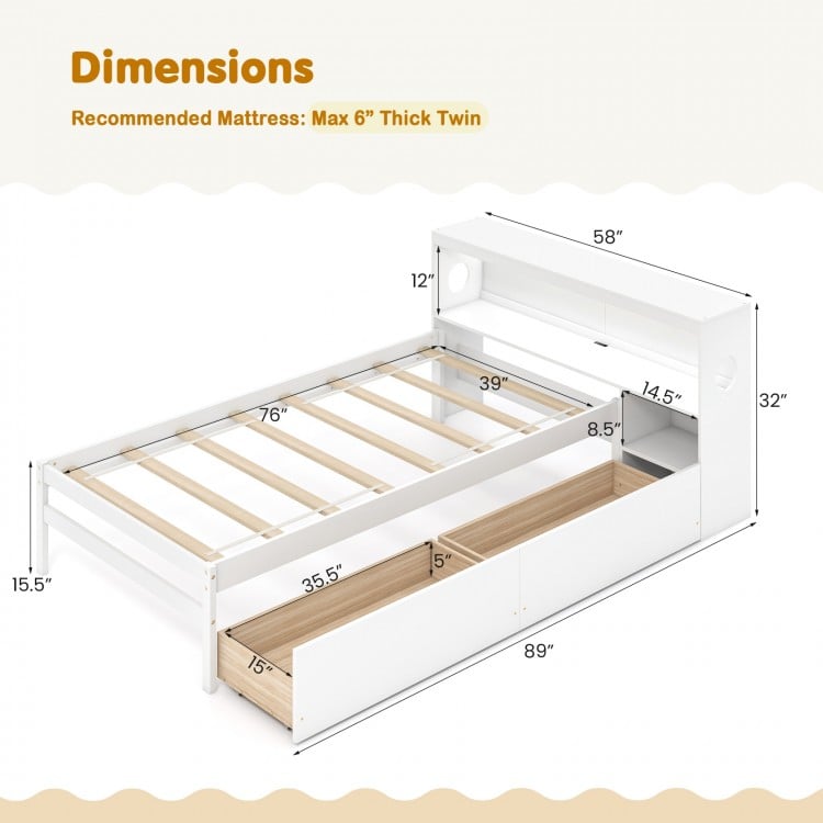 Twin Size Bed Frame with LED Light and Bookcase Headboard-White
