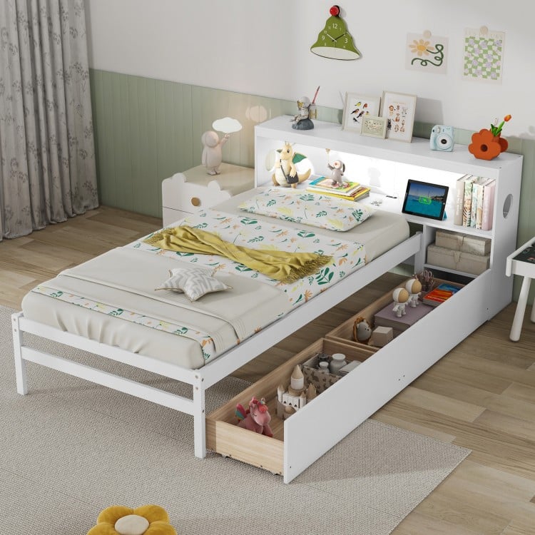Twin Size Bed Frame with LED Light and Bookcase Headboard-White