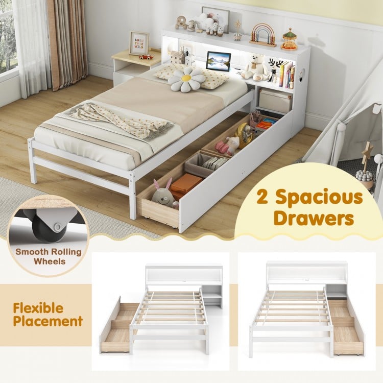Twin Size Bed Frame with LED Light and Bookcase Headboard-White