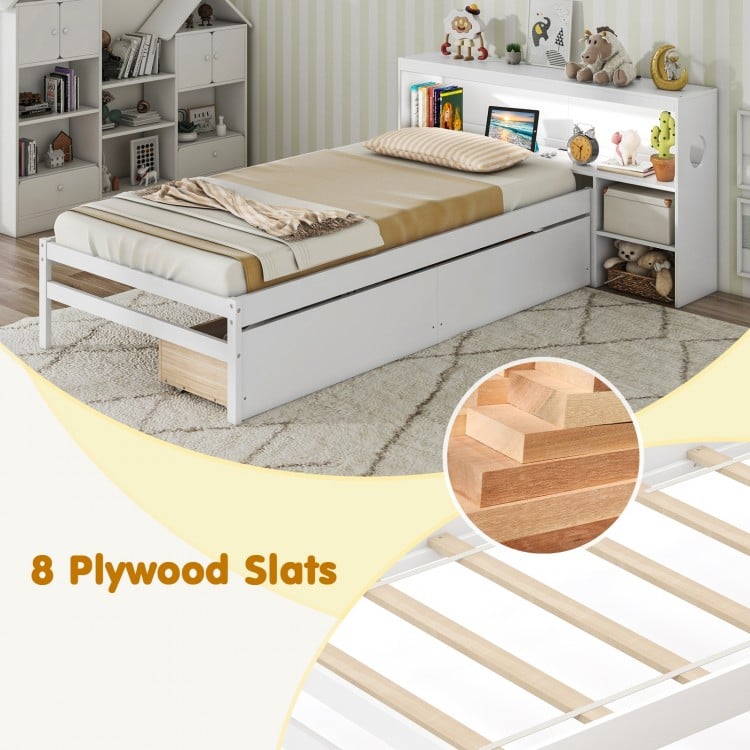 Twin Size Bed Frame with LED Light and Bookcase Headboard-White