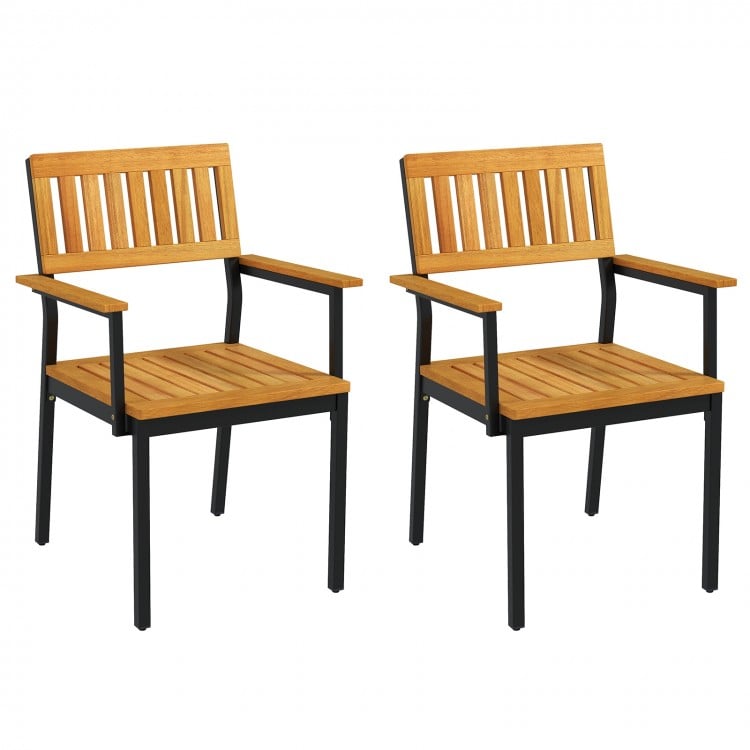 Patio Outdoor Dining Chair Set of 2 with Metal and Acacia Wood Frame