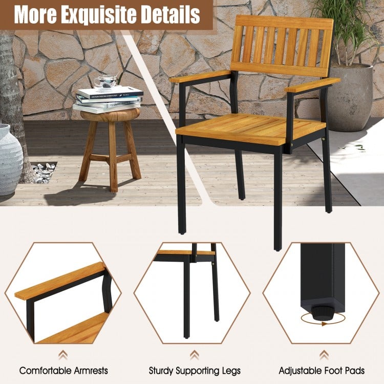 Patio Outdoor Dining Chair Set of 2 with Metal and Acacia Wood Frame