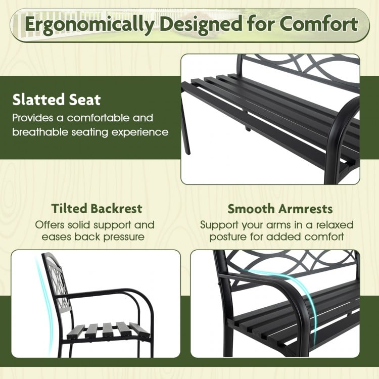 Garden Bench with Curved Armrests and Backrest-Black