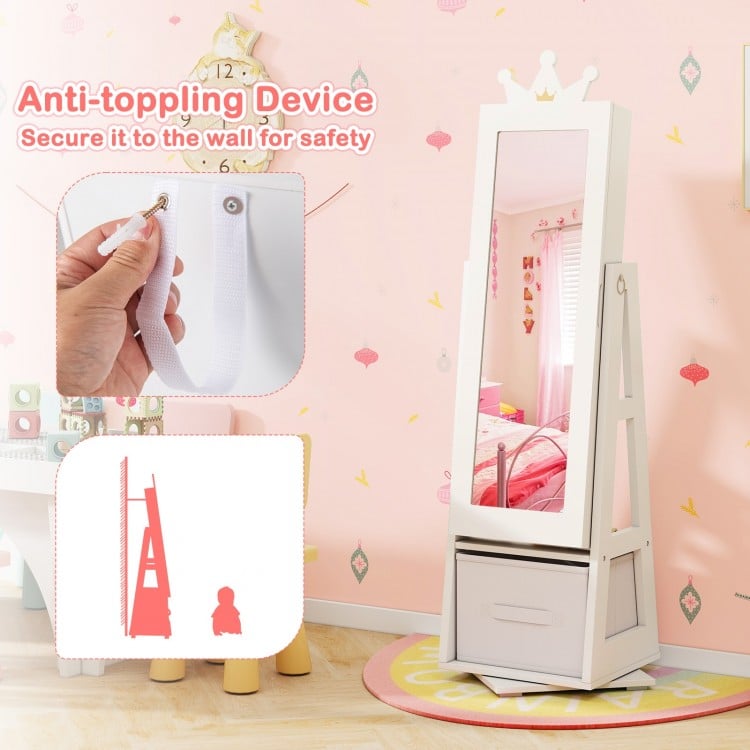 Kids Jewelry Armoire Cabinet with Large Storage Capacity and Swivel Base-White
