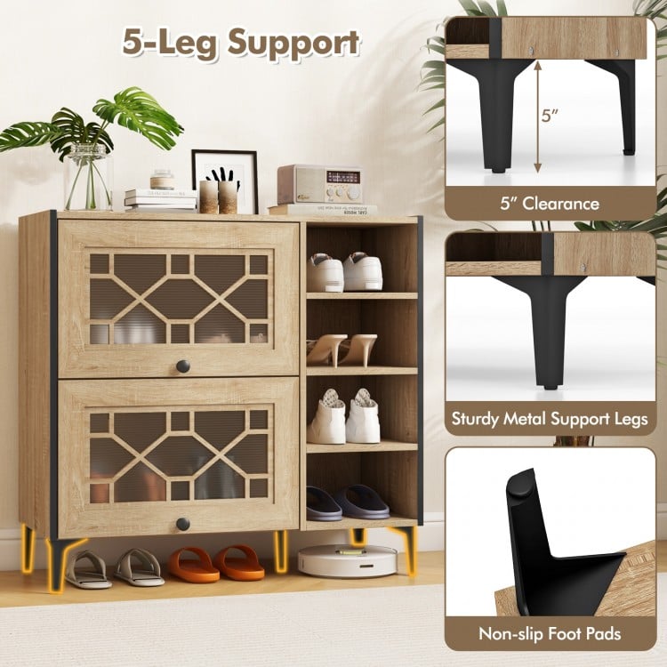Rustic Shoe Cabinet with Flip-up See-through Doors and Adjustable Shelves-Oak