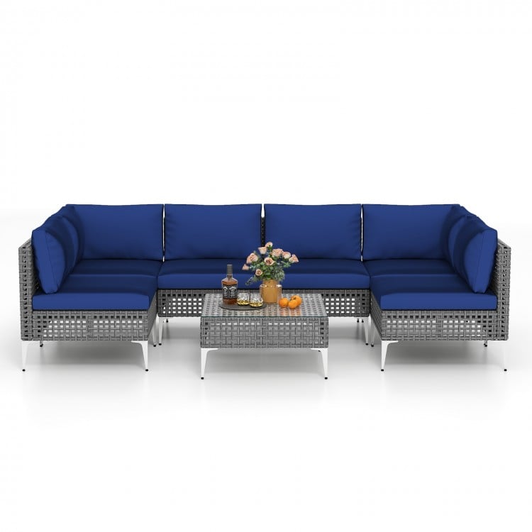 7 Piece Outdoor Furniture Set Wicker  Chairs with Tempered Glass Coffee Table-Navy