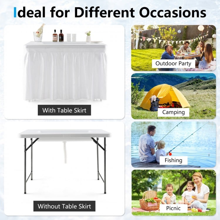 4 Feet Folding Ice Bin Table with Skirt for Camping Picnic Wedding with Ice Bucket-White