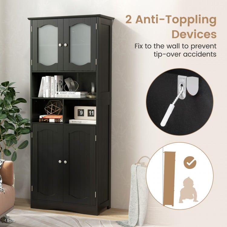 58.5 Inch Freestanding Linen Bathroom Storage Cabinet with Frost Glass Doors-Black