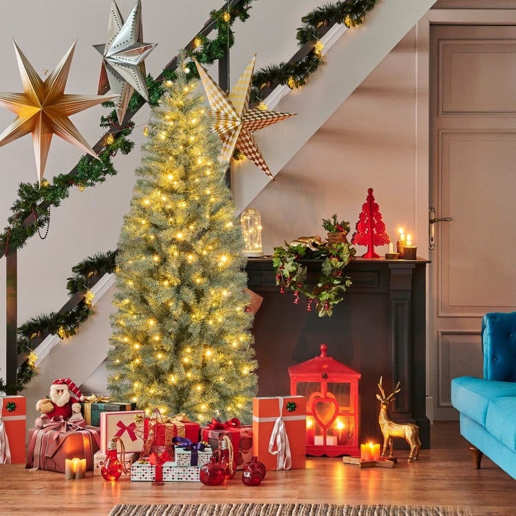 6.5 Feet Pre-Lit Blue Artificial Christmas Tree Slim with 9 Lighting Modes-6.5 ft
