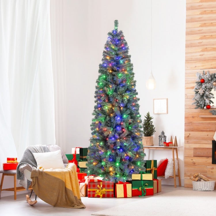 7.5 Feet Pre-Lit Blue Artificial Christmas Tree Slim with 9 Lighting Modes-7.5 ft