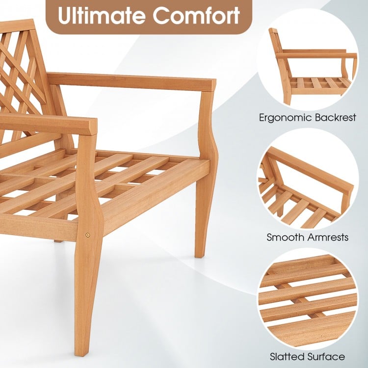 Outdoor Garden Bench 2-Person Teak Wood Bench with Comfy Armrests and Backrest