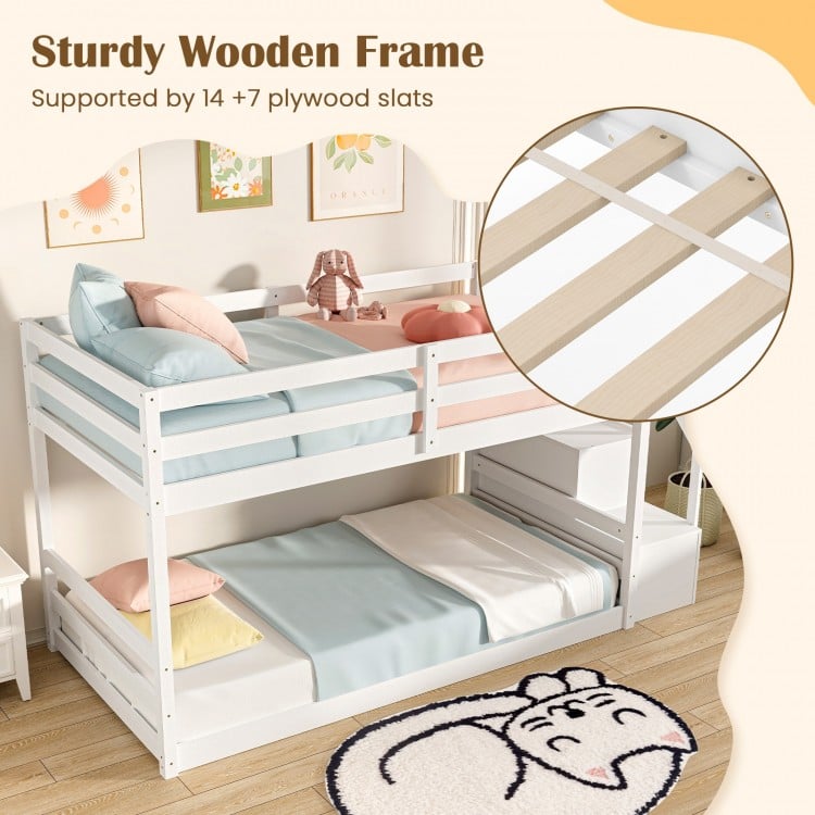 Twin Over Twin Low Bunk Bed with Storage Stairs Solid Wood Floor Bunk Bed Frame-White