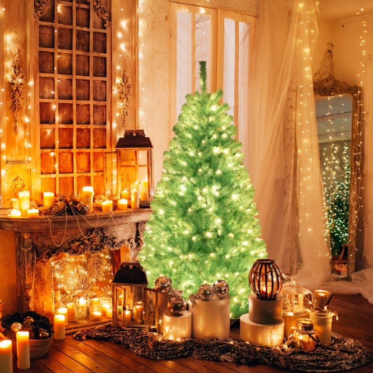 6 FT Blue Artificial Christmas Tree with 280/380 Warm White LED Lights and Foldable Metal Stand
