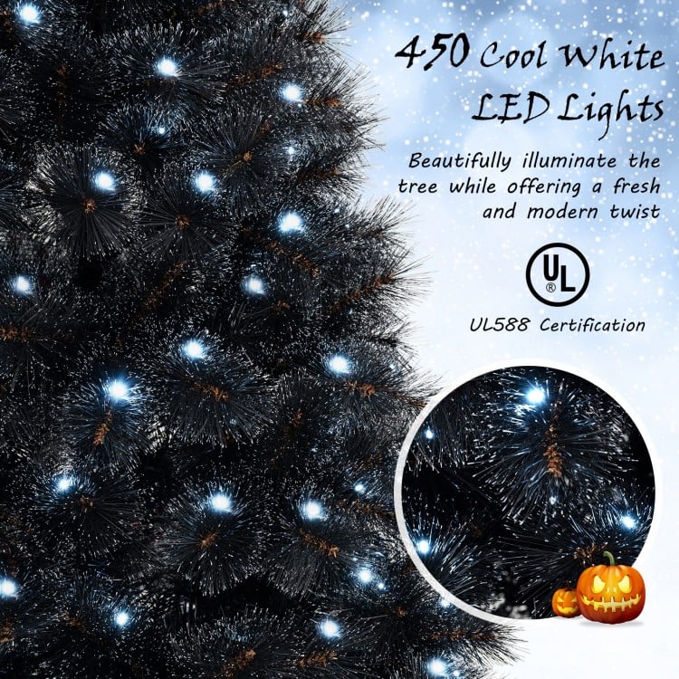 6/7/8 Feet Black Artificial Halloween Christmas Tree with PVC Branch Tips and 210/320/450 Cool White LED Lights-L