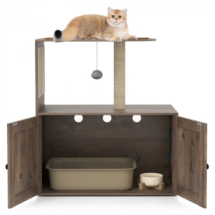 34.5 Inch Cat Tree with Litter Box Enclosure with Sisal Scratching Post and Mat-Gray