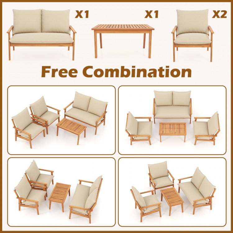 4 Pieces Outdoor Acacia Wood Conversation Set with Soft Cushions and Coffee Table-White