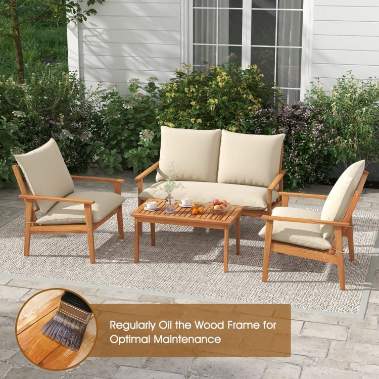 4 Pieces Outdoor Acacia Wood Conversation Set with Soft Cushions and Coffee Table-White