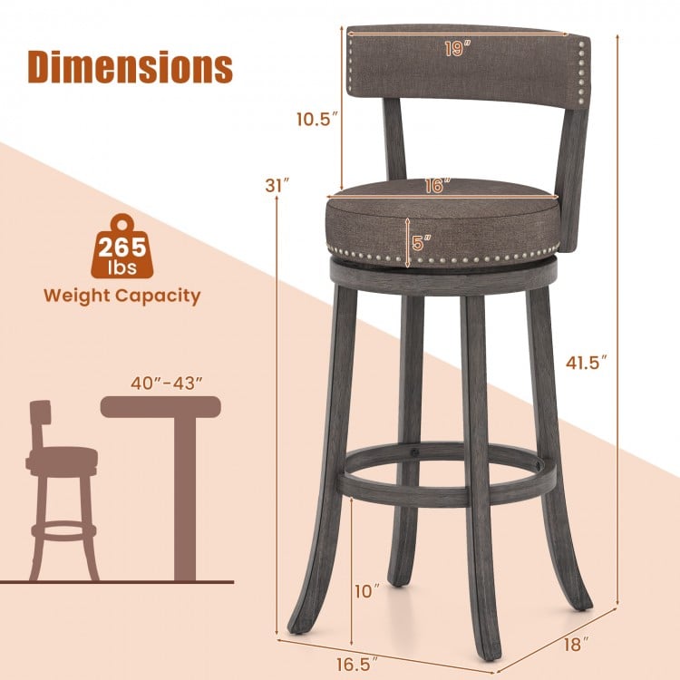 Set of 2 Counter Height Chairs with 360° Swivel Seat and Rubber Wood Frame-29 Inches
