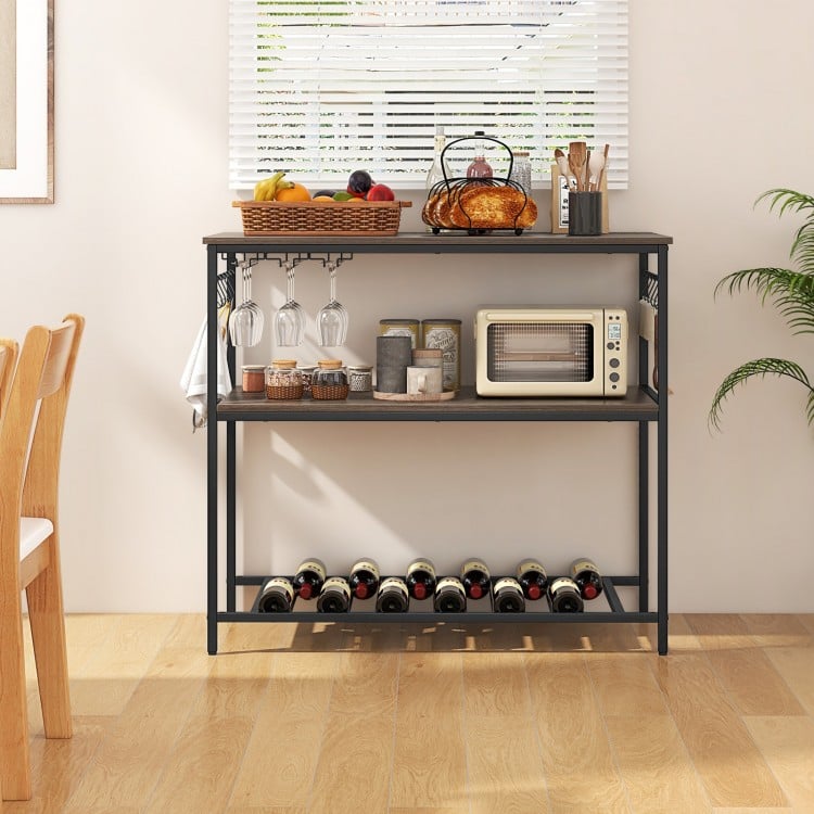 Kitchen Island with 3 Shelves Wine Glass Holders and 10 Hooks-Gray