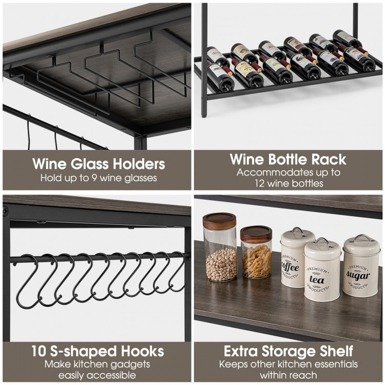 Kitchen Island with 3 Shelves Wine Glass Holders and 10 Hooks-Gray