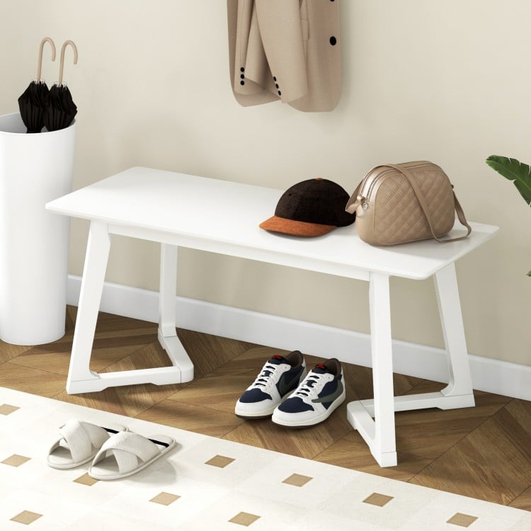 42 Inch Modern Entryway Bench Long Dining Bench with Rubber Wood Legs-White