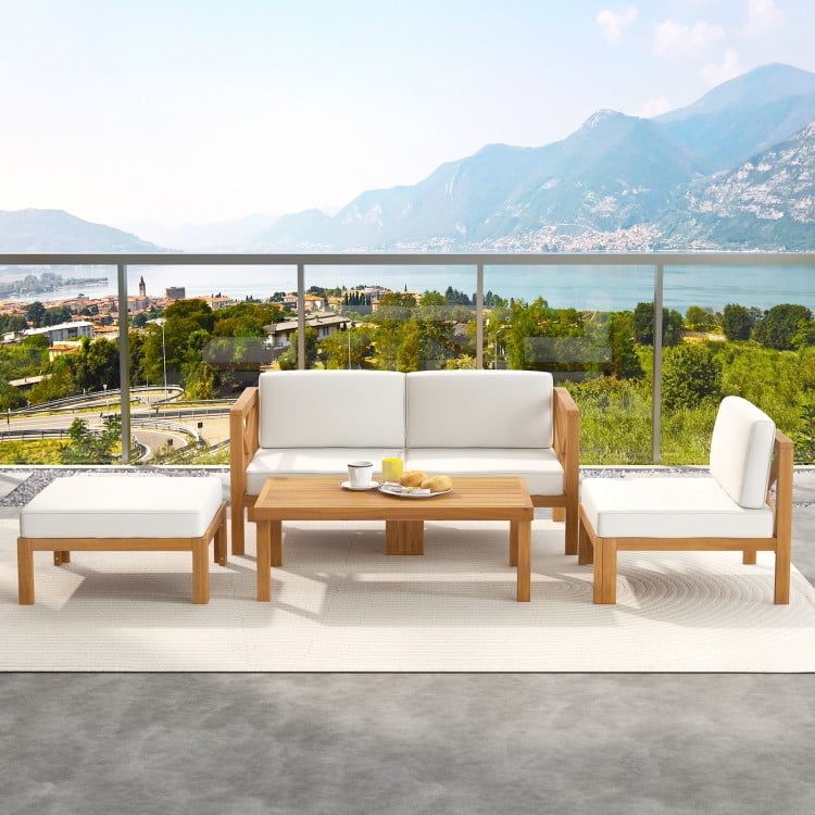 5 Piece Outdoor Conversation Furniture Set with 3 Chairs 1 Ottoman and 1 Coffee Table-White
