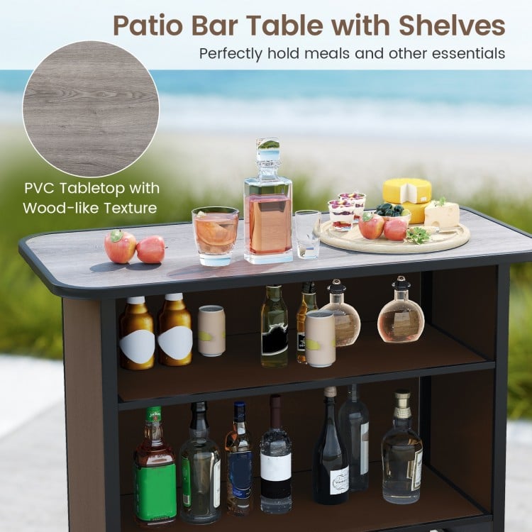 3 Piece Outdoor Bar Set with Footrest and 2-Tier Shelf-Coffee