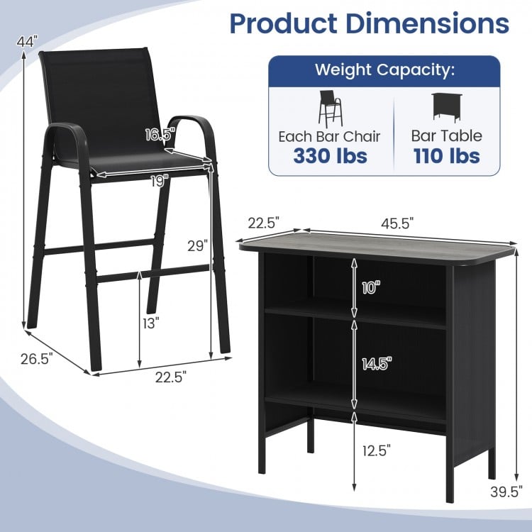 3 Piece Outdoor Bar Set with Footrest and 2-Tier Shelf-Black