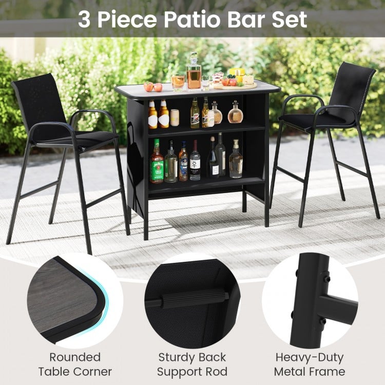 3 Piece Outdoor Bar Set with Footrest and 2-Tier Shelf-Black