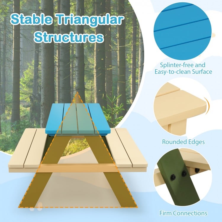 Kids Wooden Picnic Table Set Toddler Activity and Dining Table with Built-in Benches