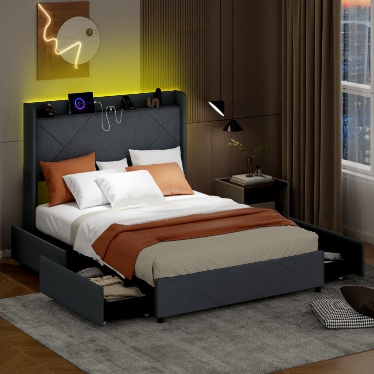 Full/Queen Size Bed Frame with LED Lights and Charging Station-Full Size