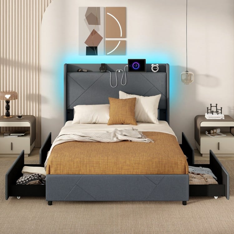 Full/Queen Size Bed Frame with LED Lights and Charging Station-Full Size