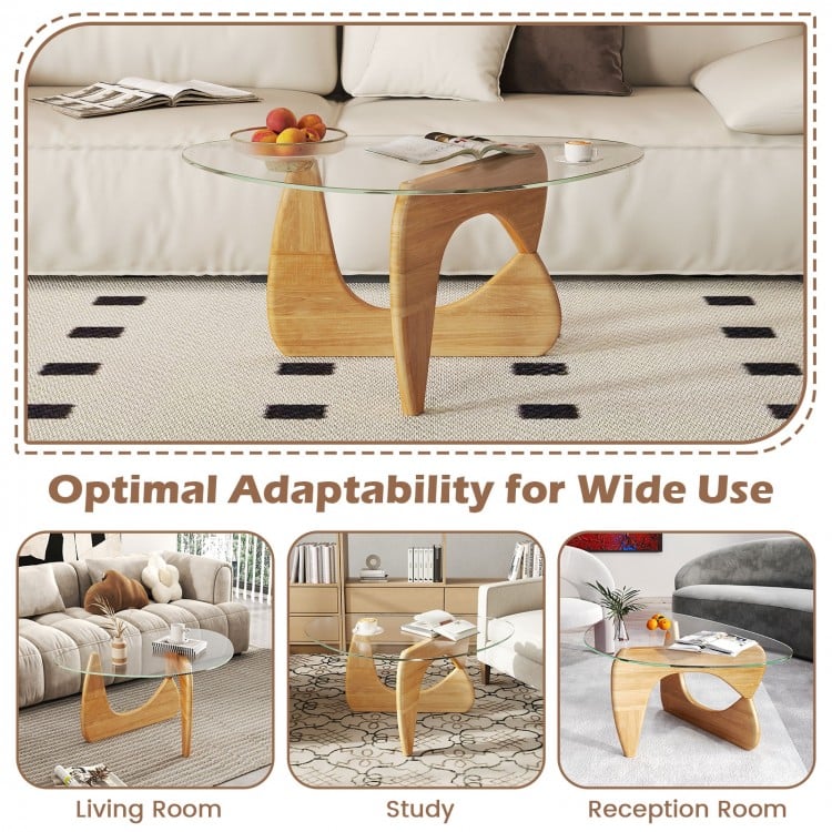 Triangle Coffee Table with Tempered Glass Top and Adjustable Rubber Wood Base-Natural