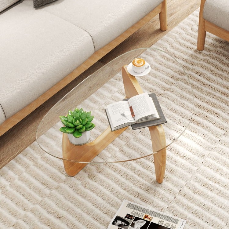 Triangle Coffee Table with Tempered Glass Top and Adjustable Rubber Wood Base-Natural