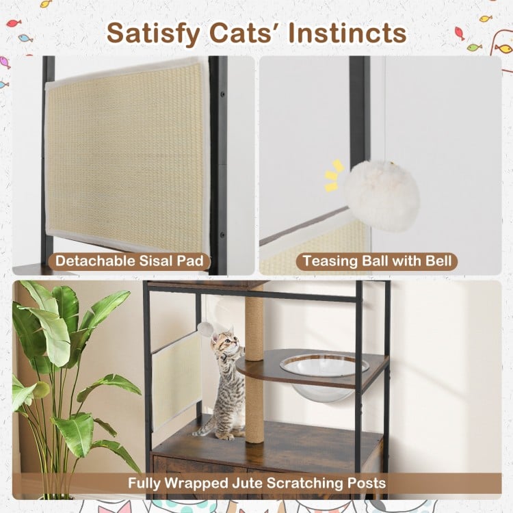 Cat Tree with Litter Box Enclosure Industrial Cat Tower Multi-level Cat Condo Furniture for Indoor Cats-Rustic Brown