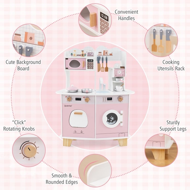 Wooden Kids Kitchen Playset with Coffee Maker for kids-Pink