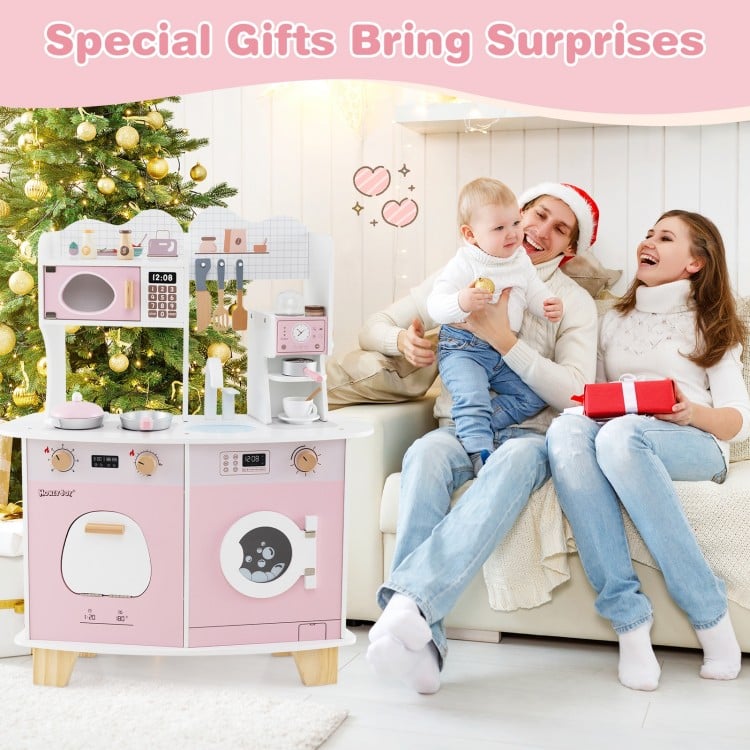 Wooden Kids Kitchen Playset with Coffee Maker for kids-Pink